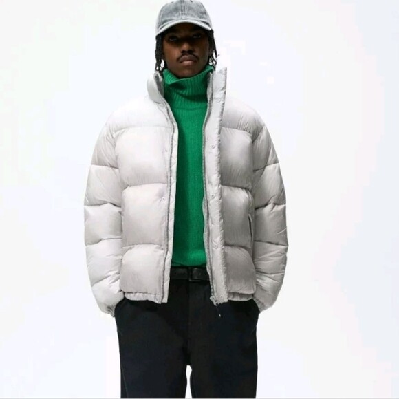 NEW ZARA Puffer Jacket Gray Full-zip Snap Medium - Picture 1 of 12